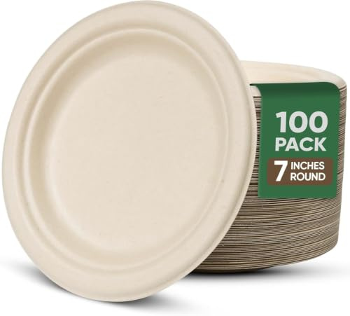 Disposable Paper Plates 100 Pack Brown 7 Inch - 100% Compostable Plates | Dessert Plates, Leakproof Disposable Plates, Microwave Safe, Oil Resistant, Eco-Friendly, Small Dinnerware, Party/Picnic