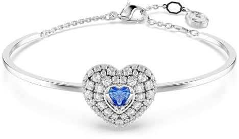 Swarovski Idyllia Armreif, Rhodinierter Damenarmreif mit Herz-Motiv und Strahlenden Klaren und Blauen Swarovski Kristallen