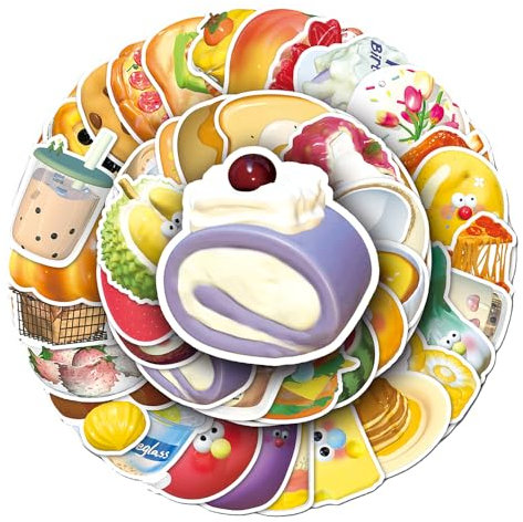 3D Food Stickers for Boys Girls Teens Kids, Trendy Waterproof Vinyl Stickers for Phone Laptop Flasks Water Bottle Luggage Cup Bike Car Notebook Scrapbook, Cute Cartoon Decals Pack[3D Food -50Pcs]