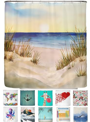 arteneur® Rideau de douche, anti-moisissure, motif bord de mer, , recyclé - Oeko-Tex Standard 100 - Ourlet lesté, opaque, étanche, lavable- 12 anneaux - 200 x 220 cm