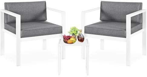 YIYAN 3-teiliges Outdoor-Terrassenmöbel-Set, modernes Rattan-Bistro-Set, Gesprächs-Rattanstühle für 2 Personen mit Kaffeetisch für Hof, Veranda, Poolbereich, Rasen (Weiß)