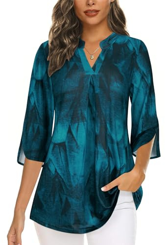 Flikity Ladies Tops Blouses for Women UK 3/4 Sleeve Business Work Professional Casual Dress Shirts Office Interview Clothes Tunics Tops for Leggings Peacock Blue Medium