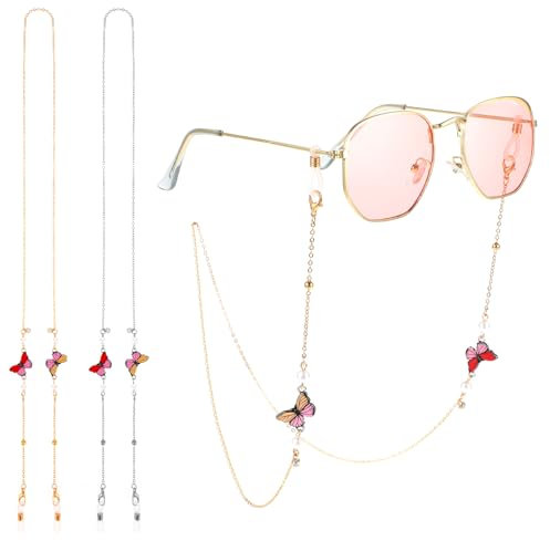 Amabro 2 Cadenas para Gafas para Mujer,Correas para Gafas Con Cuentas de Mariposa, Cordón para Máscara Collar Cadena de Retención para Gafas,73x1.8x0.57cm/28.74x0.7x0.22in