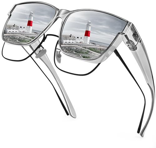 URUMQI Polarisierte Sonnenbrille Herren Damen UV400 Schutz übergroße Quadratische Sonnenbrille für Brillenträger Fit over Brille Fahren Angeln Grau Rahmen