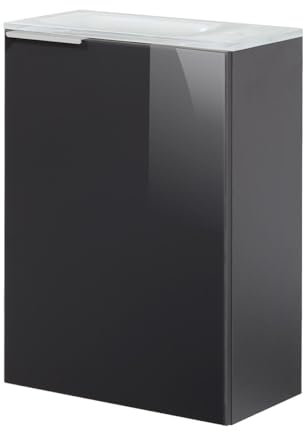 FACKELMANN Kara Gäste-WC Set 3 Teile – Waschtischunterschrank mit Glasfront in Anthrazit mit Waschbecken aus Glas in Weiß – SBC Waschbecken beleuchtet – Türanschlag rechts – 45 cm breit