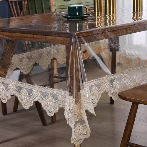 Klare Kunststoff-Tischdecke wasserdicht Rechteck Vinyl Tischdecke mit gestickter Spitze Tischabdeckung für Essen Küche Buffet Bankett Parteien (60x86 Zoll, Champagner1)