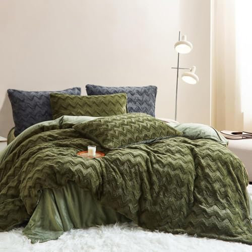 Freyamy Peluche Housse de Couette 200x200cm Vert Ondulée Hiver Chaude Duveteuse Parure de lit 2 Personne Shaggy Faux Fur avec Fermeture Éclair Flanelle Linge de lit avec 2 Taie d'oreiller 65 x 65cm