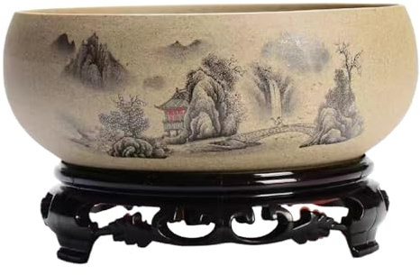 AOpghY Ceramic Planter Round 6.5 In Dia Decorative Chinese Style Bowl Planter with Base Gardening Desktop Ink Painting Outdoor/Indoor Large Planter Pots for Patio Balcony Home Outside Garden Supplies