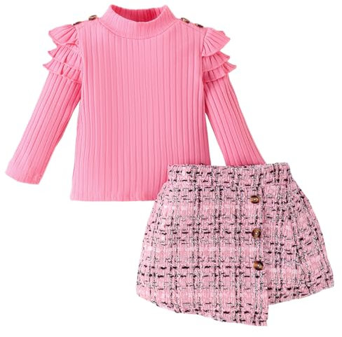 LUVCES Ensemble Bébé Fille Manches Longues en Tricot à Volants Tops + Elegante Mini-jupe 2 pièces Robe Globale Vêtements Tenues d 'Automne Hiver Rose 3-4 Ans