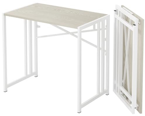 Lutown-Teen 90 cm Folding Small Desk, Writing Gaming Computer Camping Desk for Small Spaces, No Assembly Required Home Office Table, Natural and White
