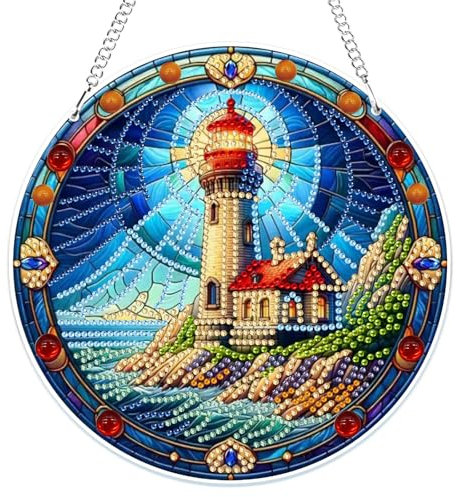 MOGTAA 5D Diamond Painting Anhänger, Leuchtturm Diamond Painting mit Kette Kinder Erwachsene, Diamant Painting Fensterbilder, Hängende Ornament Bastelset Set für Wand Und Eingang Decor