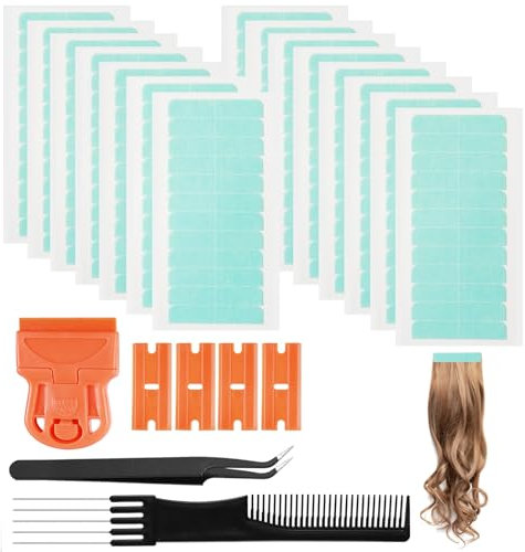 187Pcs Double Sided Hair Tape Tabs Set, Hypoallergenic Hair Extension Tape Replacement, Waterproof Wig Tapes with Tweezers Scraper Teasing Comb, Invisible Toupee Tape Strips for Lace Wig