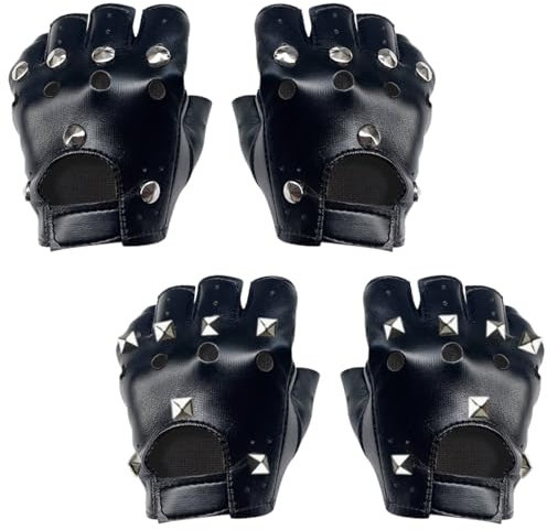 KEYRI 2 Paar Punk Handschuhe Fingerlos Biker Rocker Lederhandschuhe Motorrad Biker Handschuhe Mit Nieten mit Nieten Schwarz Rocker Accessoire Kostümzubehör Mottoparty Karneval (Schwarz, Eine Größe)