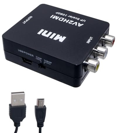 RCA auf HDMI Adapter, 1080P Mini RCA Composite CVBS AV zu HDMI Konverter Unterstützt PAL/NTSC für Wii N64 PS2 PS3 PC Xbox TV STB Kamera VHS DVD VCR und USB-Stromkabel Schwarz
