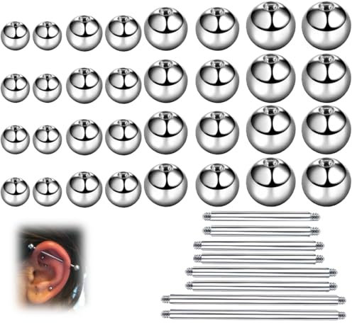 GXGM 40 Stück Piercing Kugeln 14/16/18/20mm mit Barbells Silber Ersatzkugel Chirurgenstahl Schraubkugel