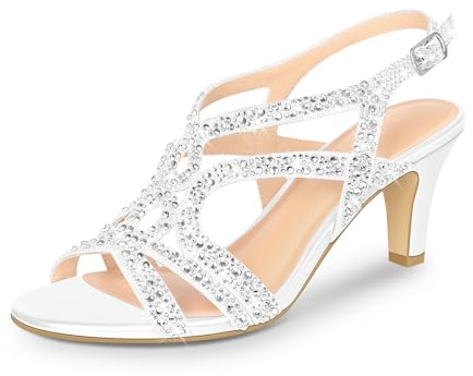 PIZZ ANNU Womens Sandals Sparkly Rhinestones Strappy Kitten Heels Ladies Wedding Shoes for Women Bride Slingback Summer Prom Party White Size 7