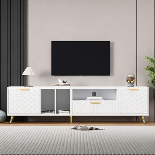 LERFAN Support TV vertical de luxe moderne avec motif en nid d'abeille mat avec plusieurs fonctions de rangement pour TV jusqu'à 80 pouces - Support TV pour salon - 180 x 40 x 41 cm (blanc)