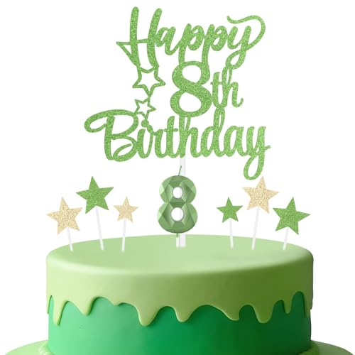 mciskin Tender Green 8th Birthday Candles Cake Toppers Set,3D Number 8 Candle for Cake,Light Green Candles Yellow Star Toppers for Girls Boys 8th Birthday Decorations Party Supplies