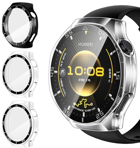 iVoler 3 Pezzi Cover con Vetro Temperato per Huawei Watch GT 6 PRO 46mm, Copertura Completa Pellicola Protettiva Custodia Antiurto, Sottile Anti-Graffio Rigida Bumper Case, 2 Trasparente + 1 Nero
