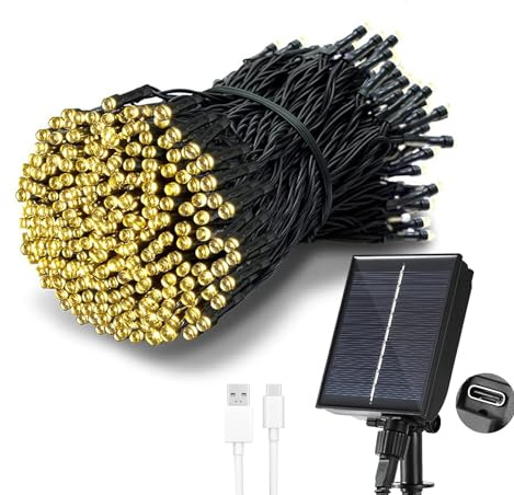 Tacobey Guirnalda Luces Exterior Solar, 【Carga USB】 20M 200 led Cadena de Luces, 8 Modos, Impermeable, Luz Solar Exteriors para Jardín, Terraza, Patio Decoración (Blanco Cálido)
