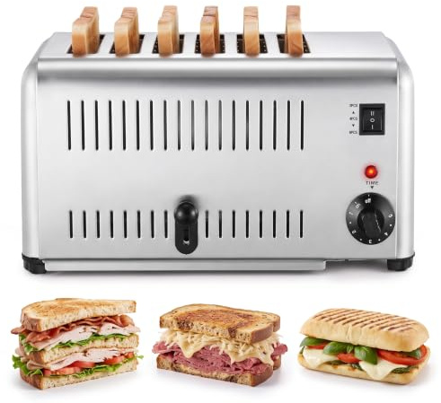 Clickovia Tostapane a 6 fette per uso commerciale con fessure larghe 3 cm, scomparto tostapane da 3240 W in acciaio inox, timer a 5 livelli, con coperchio pop-up e vassoio raccogli briciole rimovibile