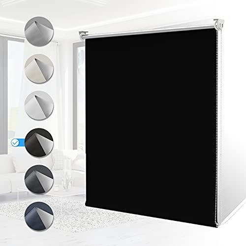 Verdunklungsrollo ohne Bohren Rollos für Fenster B90 x H130 cm (Stoffbreite 85cm) Schwarz Thermo Rollo Klemmfix Verdunkelungsrollo Seitenzugrollo Sicht-und Sonnenschutz Wandmontage
