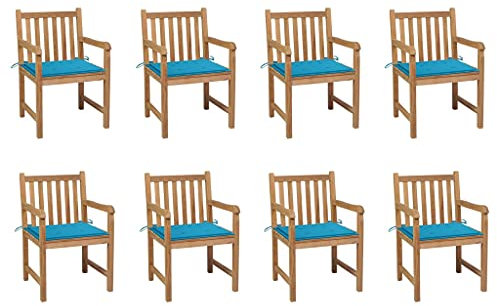 vidaXL 8X Teak Massiv Gartenstuhl mit Blauen Kissen Gartensessel Stuhl Stühle Gartenmöbel Holzstuhl Essstuhl Sessel Gartenstühle Balkon Terrasse