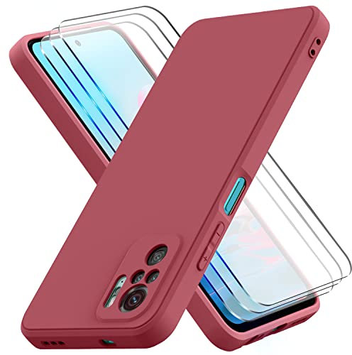 Oureidoo Hülle kompatibel mit Xiaomi Redmi Note 10S/ Note 10 4G, mit 3 Stück Panzerglas Schutzfolie, Handyhülle für Xiaomi Redmi Note 10S/ Note 10 4G Silikon gummiert, Handy Case in Weinrot
