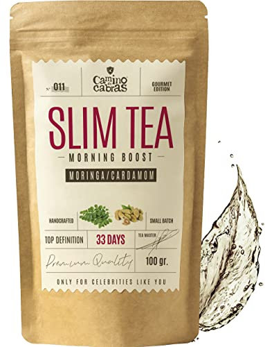 SLIM TEA Morning Boost | Té Drenante y Diurético Quemagrasas Abdominal | Detox Adelgazante Potente | Te Verde, Moringa, Jengibre, Cola de Caballo, Diente de Leon, Cardamomo | Antioxidante Natural 100g