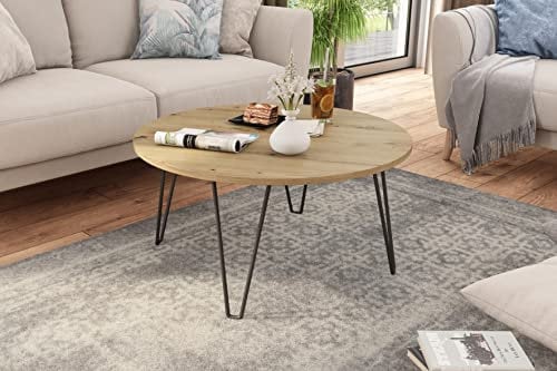 byLIVING Couchtisch Flair/runder Sofatisch/Melamin Artisan Eiche hell-braun/Füße Metall schwarz/Beistelltisch/D 80, H 40 cm