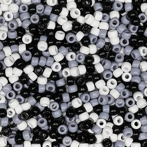 Bala&Fillic Pony Beads Size 6X9mm 1000pcs Black Grey White Colors Mixed in Bag, Craft Pony Beads for Making Bracelets