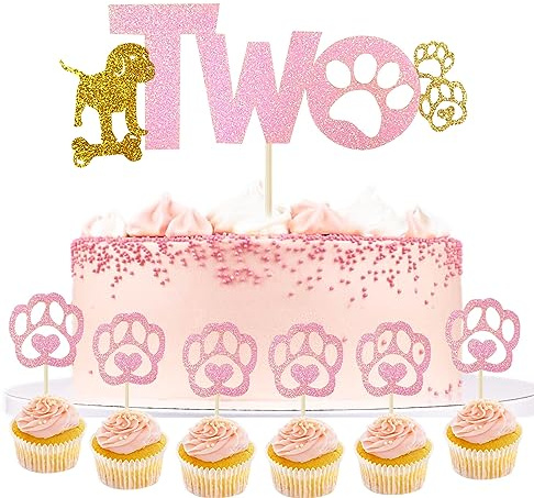 Hunde Geburtstag Kuchen deko Hunde Paw Tortendeko 2 Geburtstag Baby Cake Topper Mädchen Kuchen deko Geburtstag Hunde Deko Muffin deko für Kinder Hunde Party Dekorationen (Two Rosa)