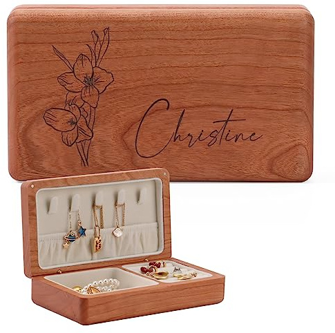 iDIY Portagioie in legno personalizzato donna da camera con fiore e nome per orecchini anelli collana regali ideali per compleanno, Natale e per madre, fidanzata e ragazza legno di ciliegio