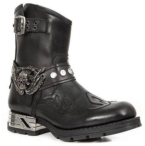 Stivali da Cavaliere Uomo, Motociclista, Equitazione Corti - Steampunk Medievali in Pelle PU Con Decorazione a Teschio - Scarpe da Cowboy, Nero, 46 EU