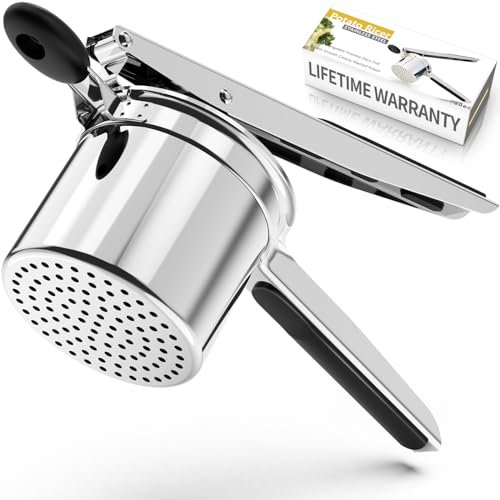 Potato Ricer, Ricer for Mashed Potatoes, Large 15oz Heavy Duty Potato Ricer Stainless Steel Make Fluffy Mashed Potatoes, Fixed Ricer Disc Potato Masher Without Messy, with Silicone Handle