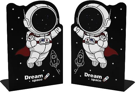 1 paire de serre-livres en métal avec motif astronaute noir - Motif dessin animé - Antidérapant - En fer épais - Organisateur de bureau - Pour enfants, garçons, étagères, bibliothèque, école, bureau