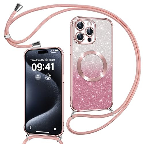 Phoona Handyband Hülle für iPhone 15 Pro mit Band [kompatibel mit MagSafe], Luxuriöse Glitzer Beschichtung Magnetische Handyhülle für iPhone 15 Pro Silikon TPU Stoßfest Schutzhülle, Rosa