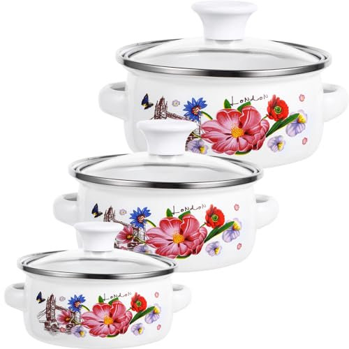Yardwe 3pcs Soup Pot Set Floral Pattern Stockpot Double Handles for Electric Stove Instant Noodles Pot Saucepan Set