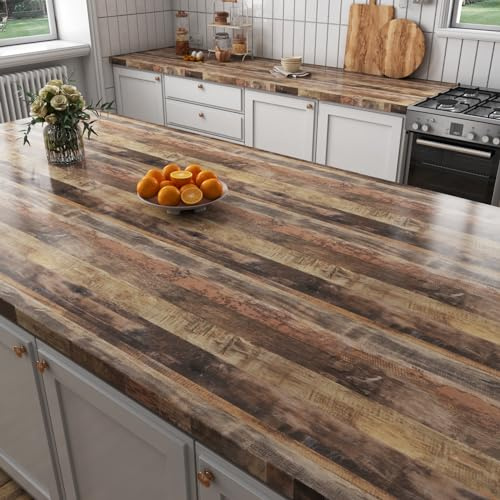 Livelynine Folie Arbeitsplatte Küche Holzoptik Klebefolie Holzoptik Braun 40CMx5M Möbelfolie Selbstklebend Holz Dunkel Schreibtisch Esstisch Küchenfronten Küchenwand Selbstklebende Tapete Holzoptik
