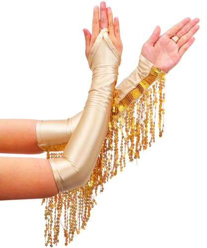 Ushiny Pailletten Fransenhandschuhe glitzernder Handschuh fingerlose Quastenhandschuhe, Prom-Rave-Outfit für Frauen und Mädchen (Gold)