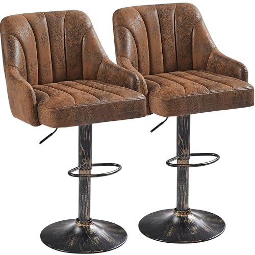 VECELO Bar Stools Set of 2, Adjustable Counter Height Barstools with Back and Arm, Swivel Bar Chair Stools for Kitchen Counter Island Cafe Dining Room, Industrial Style, Brown