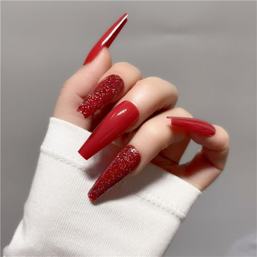 CRAZYNEKOS New Year Red Glitter Fake Nail Long Coffin Press on Nails Tips Nail Art Decoration for Women and Girls Manicure 24pcs
