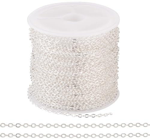 Cheriswelry 32.8 Feet Silver Chains Brass Coated Iron Cable Chains Flat Soldered Chain Links with Spool for Necklace Bracelet Jewelry Making