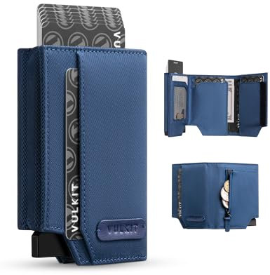 VULKIT Portefeuille Homme et Porte Cartes Bancaire Blocage RFID, Portefeuille Scratch Autocollant Tissu Oxford avec Compartiment à Billets et Poche à Monnaie, Boîte Cadeau, Bleu