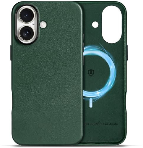 SHIELDON Lederhülle für iPhone 16, Handyhülle [Kabelloses Laden] [Stoßfest] [Dünn] [Anti-Fingerabdruck] [Leicht] Schutzhülle Cover Hüllen Kompatibel mit iPhone 16 5G 6,1 2024 Immergrün