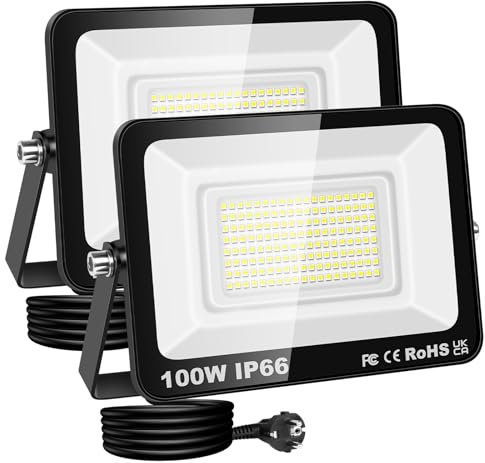 RIGIDON Projecteur Led Extérieur Avec Prise, 2x 100W 10000LM IP66 étanche Éclairage de Sécurité, Spot Led Lampe pour Patio Garage Terrasse Jardin Chantier Muraux Atelier, 6000K Blanc Froid Luminaires