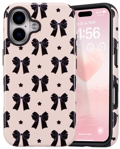 DEFBSC for iPhone 16 Case Cute Hybrid, Star/Glossy | Ribbon Bowknot Print,Aesthetic Trendy Pattern for Women Girls,Slim Durable Bumper Shockproof Hard Back Phone Cover