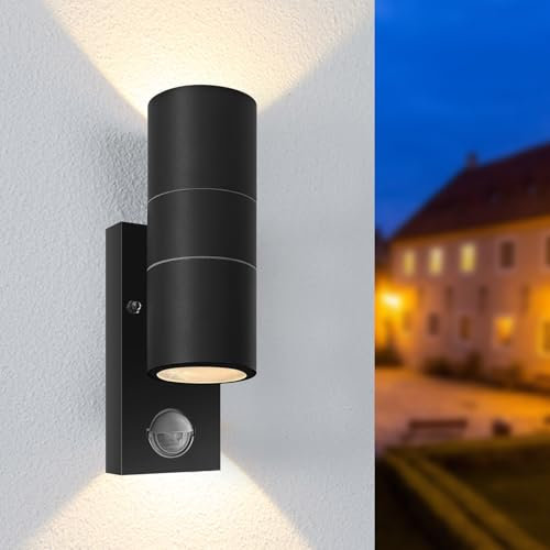 Mizlay 1 Stück Wandleuchten PIR Bewegungsmelder Außen/Innen,Up Down Leuchte mit 2x 5W GU10 LED Lampen Warmweiß,Edelstahl Wandleuchte Wasserdichte IP44,Wandlampe Downlight für Eingang Terrasse,Schwarz