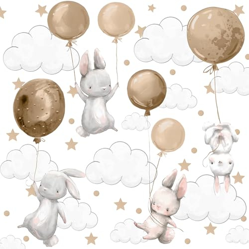 Muralo Wandtattoo Set Hasen mit braunen Luftballons - 120x60 cm | Wandsticker, Modernes Design - ideal für Kinderzimmer, für Mädchen und Jungen, einfach anzubringen