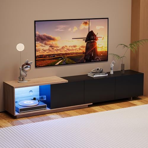 BRILVERDE Credenza TV Regolabile Moderna 163-240 cm, Nero con Luci LED, 3 Cassetti - Mobile Soggiorno a Bassa Altezza, Finitura Lucida Effetto Legn (Nero)